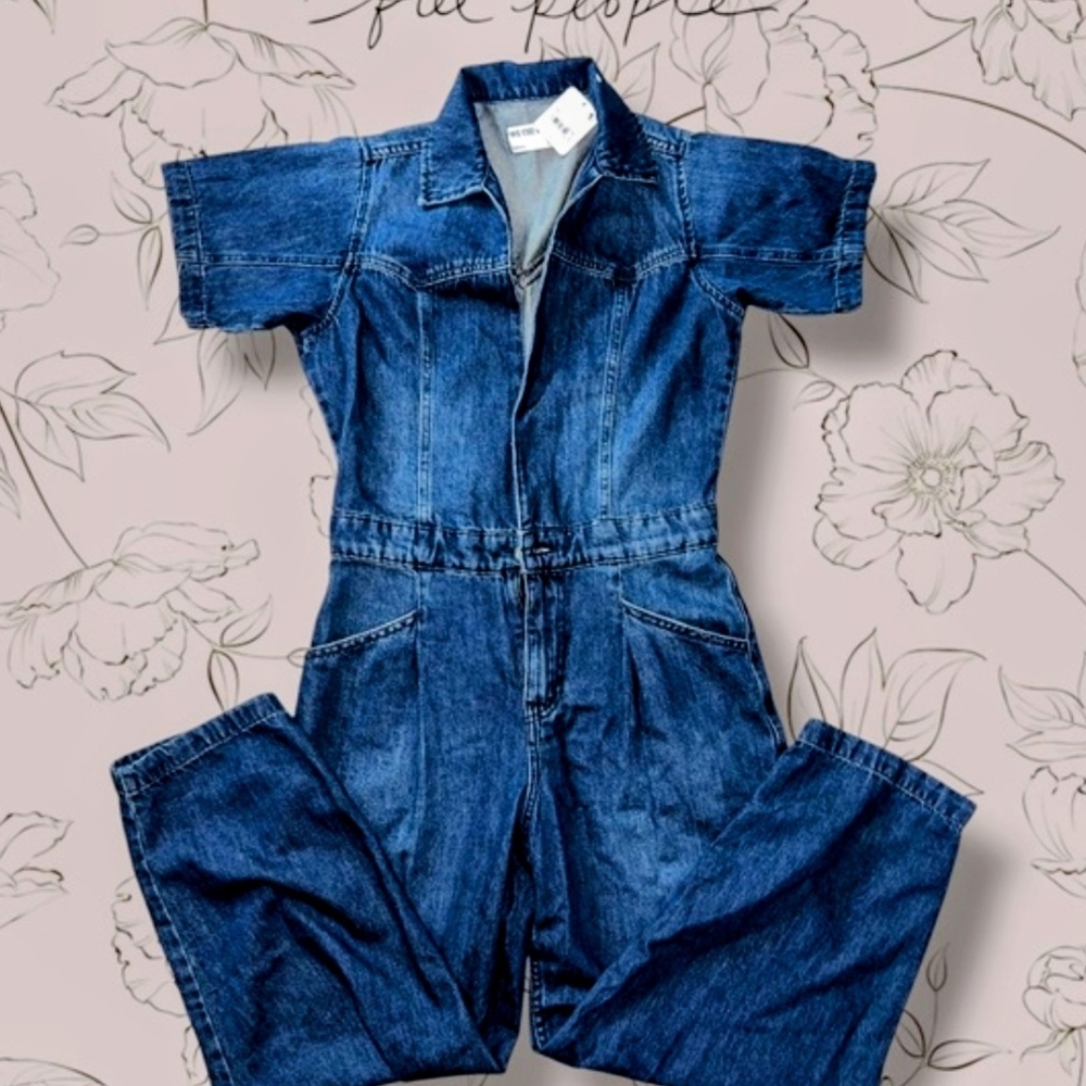 We The Free Blue Denim Ankle-Length Jumpsuit